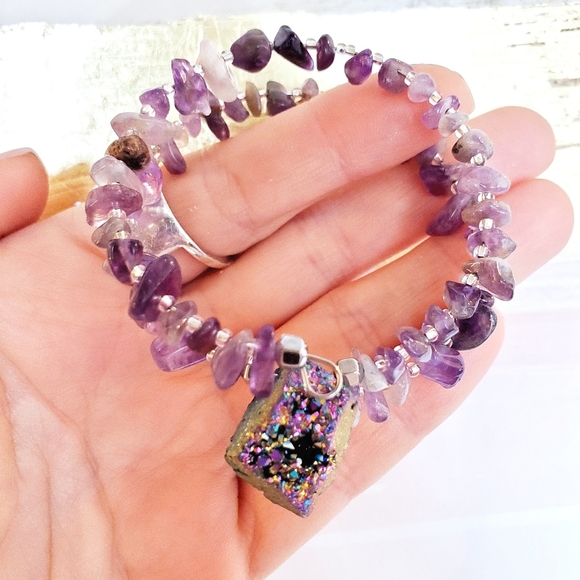 Amethyst and Mystic Druzy Chunky Wrap Bracelet - Picture 2 of 7